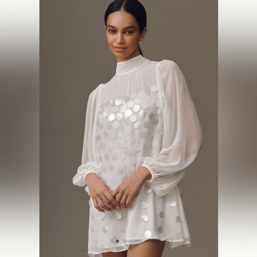 BHLDN White Sheer Long-Sleeve Mini Dress with Sequin Dots